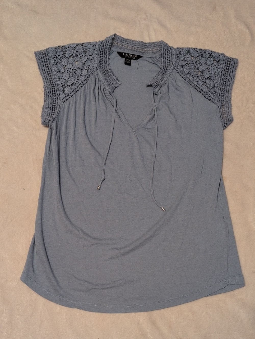 Ralph Lauren Dusty Blue Crochet Shoulder Tie V-Neck Top Size Petite Medium